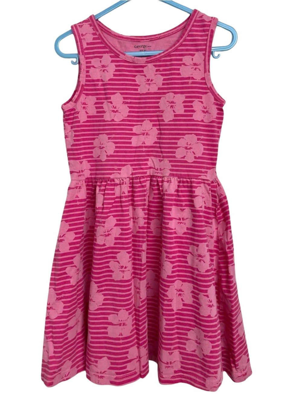George Girls Pink Hibiscus Striped Skater Dress Size 6 Y2K Coconut Girl